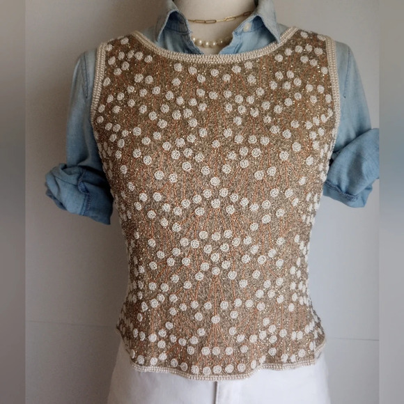 Adrianna Papell Gold White Pearl Beaded Layering Top Sleeveless Silk Size 8P - Picture 2 of 15